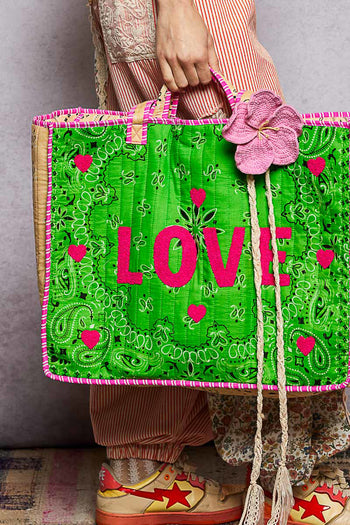 POL Quilted LOVE Tote in Green Multi