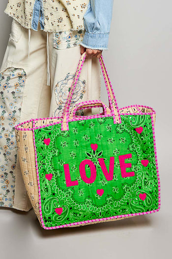 POL Quilted LOVE Tote in Green Multi