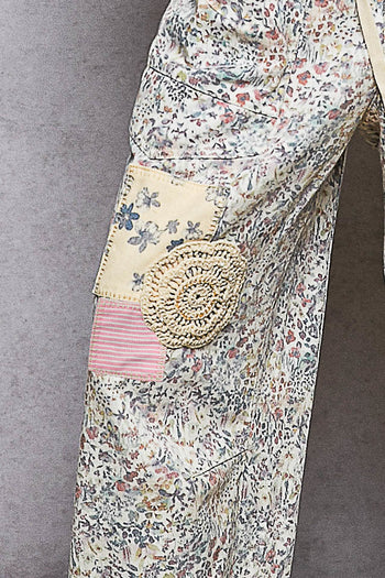 POL Floral Twill Barrel Pants with Mixed Patches in Floral Multi