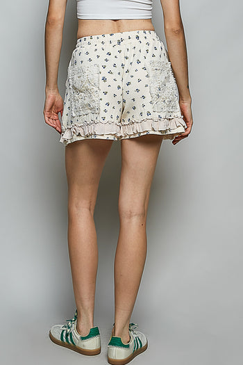 POL Floral Print Gauze and Lace Shorts in Cream Floral