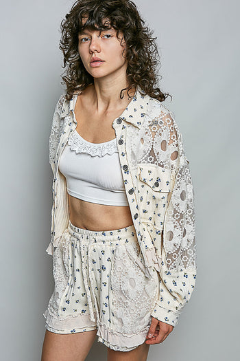 POL Floral Print Gauze and Lace Jacket in Cream Floral