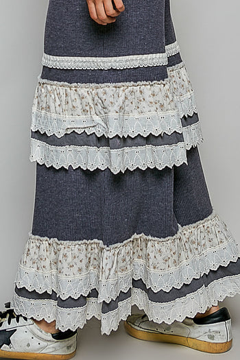 POL Thermal Knit Ruffle Tiered Pants in Charcoal