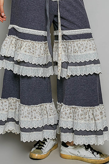 POL Thermal Knit Ruffle Tiered Pants in Charcoal