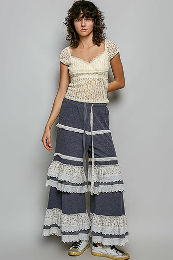 POL Thermal Knit Ruffle Tiered Pants in Charcoal