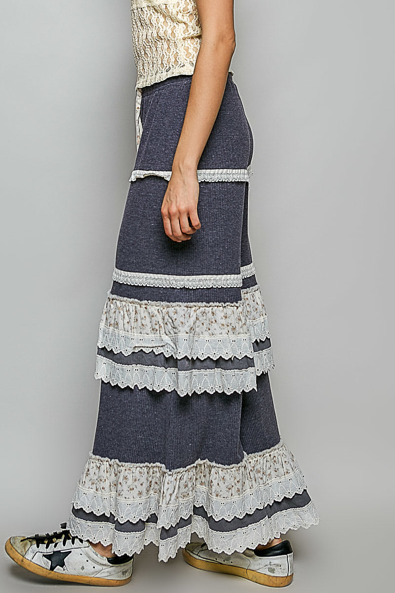 POL Thermal Knit Ruffle Tiered Pants in Charcoal – June Adel