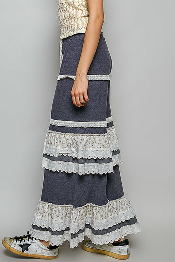 POL Thermal Knit Ruffle Tiered Pants in Charcoal