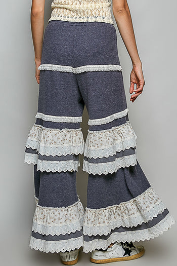 POL Thermal Knit Ruffle Tiered Pants in Charcoal
