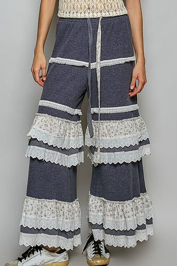 POL Thermal Knit Ruffle Tiered Pants in Charcoal