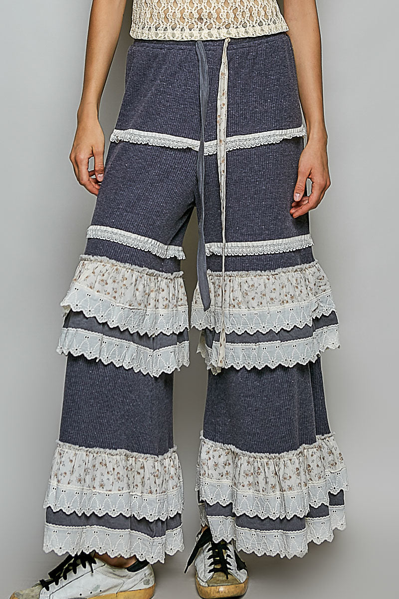 POL Thermal Knit Ruffle Tiered Pants in Charcoal – June Adel