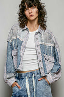 POL Floral Print and Crochet Panel Jacket in Denim Multi