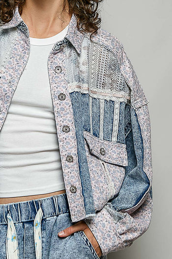 POL Floral Print and Crochet Panel Jacket in Denim Multi
