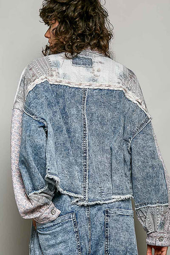 POL Floral Print and Crochet Panel Jacket in Denim Multi