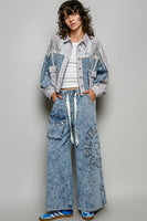 POL Floral Print and Crochet Panel Jacket in Denim Multi