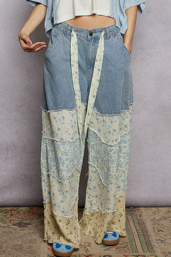 POL Twill Pants with Contrasting Asymmetrical Patchwork in Light Denim Multi