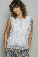 POL Botanical Lace Embroidered Sleeveless Blouse in Off White
