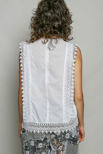 POL Botanical Lace Embroidered Sleeveless Blouse in Off White
