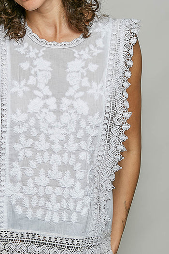 POL Botanical Lace Embroidered Sleeveless Blouse in Off White