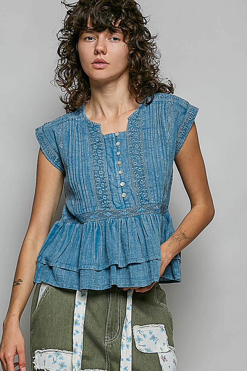POL Eyelet Embroidered Peplum Blouse in Denim Blue – June Adel