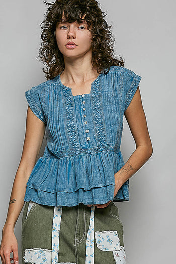 POL Eyelet Embroidered Peplum Blouse in Denim Blue