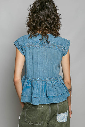 POL Eyelet Embroidered Peplum Blouse in Denim Blue