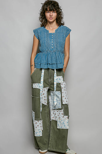 POL Eyelet Embroidered Peplum Blouse in Denim Blue