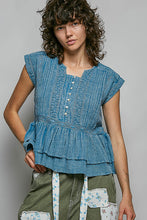 Load image into Gallery viewer, POL Eyelet Embroidered Peplum Blouse in Denim Blue
