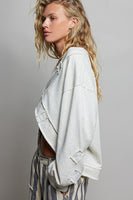POL French Terry Open Front Patched Detailed Top in Oatmeal