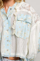 POL Floral Patchwork Balloon Sleeve Top in Off White/Blue