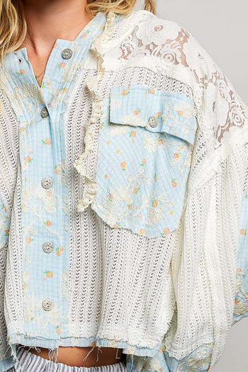 POL Floral Patchwork Balloon Sleeve Top in Off White/Blue