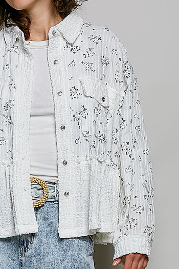 POL Floral Print and Textured Knit Top in Off White