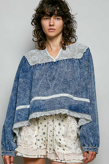 POL OVERSIZED French Terry Knit and Lace Top in Denim