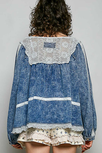 POL OVERSIZED French Terry Knit and Lace Top in Denim