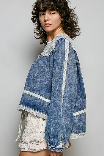 POL OVERSIZED French Terry Knit and Lace Top in Denim