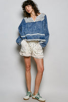 POL OVERSIZED French Terry Knit and Lace Top in Denim