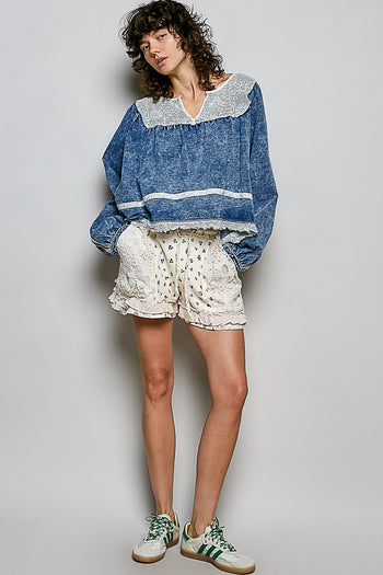 POL OVERSIZED French Terry Knit and Lace Top in Denim