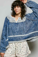 POL OVERSIZED French Terry Knit and Lace Top in Denim