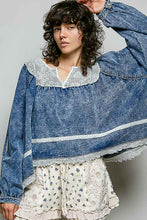Load image into Gallery viewer, POL OVERSIZED French Terry Knit and Lace Top in Denim
