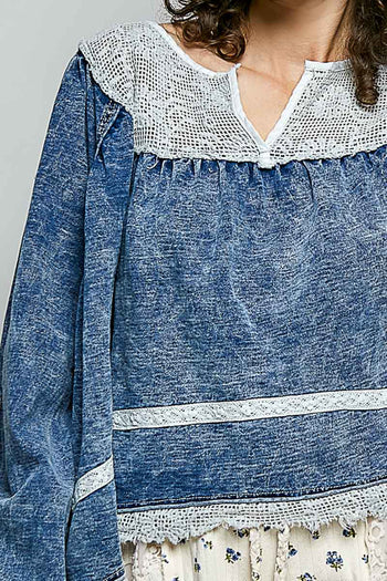 POL OVERSIZED French Terry Knit and Lace Top in Denim