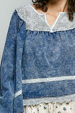 Load image into Gallery viewer, POL OVERSIZED French Terry Knit and Lace Top in Denim
