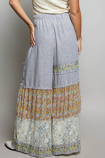 POL Denim and Mixed Panel Wide Leg Pants in Stripe Multi