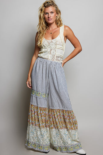 POL Denim and Mixed Panel Wide Leg Pants in Stripe Multi