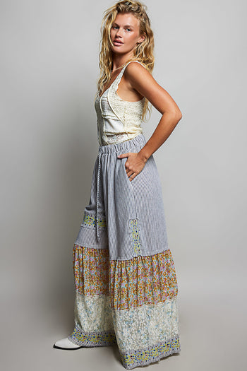 POL Denim and Mixed Panel Wide Leg Pants in Stripe Multi