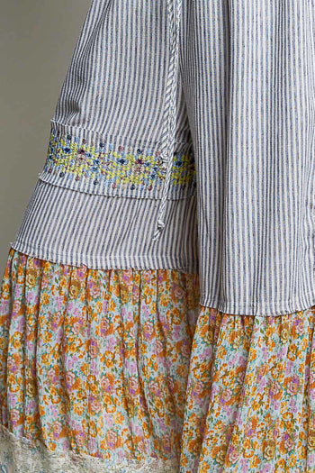 POL Denim and Mixed Panel Wide Leg Pants in Stripe Multi