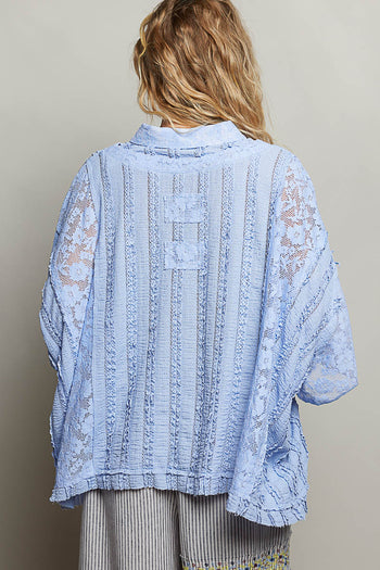 POL OVERSIZED Vintage Lace Collared Poncho Top in Evening Blue