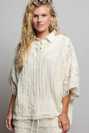 POL OVERSIZED Vintage Lace Collared Poncho Top in Natural