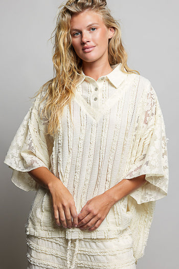 POL OVERSIZED Vintage Lace Collared Poncho Top in Natural