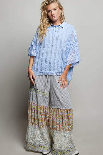 POL OVERSIZED Vintage Lace Collared Poncho Top in Evening Blue