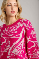 Umgee Floral Knit Sweater in Hot Pink
