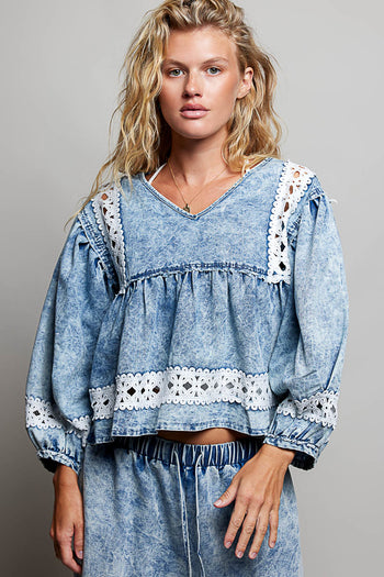POL Vintage Washed Twill Top with Lace Detail in Denim