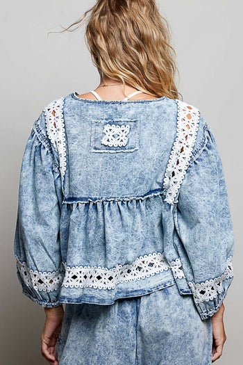POL Vintage Washed Twill Top with Lace Detail in Denim